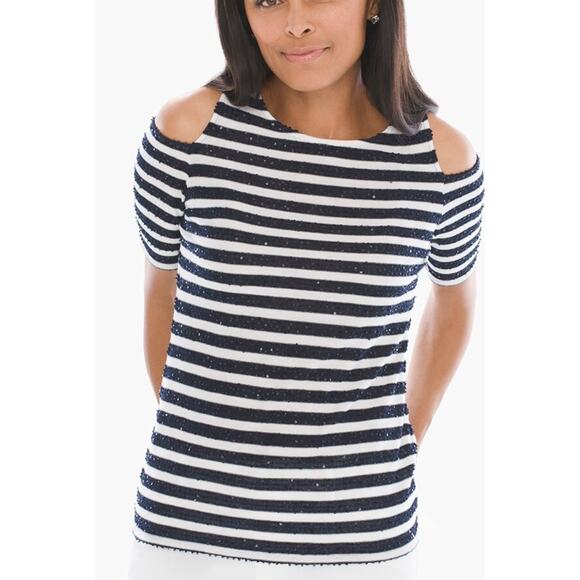 Chicos cold shoulder tiny sequin striped top sz Medium - Picture 1 of 6